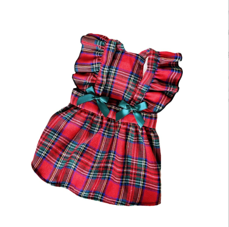 Red Tartan Pattern  Plaid Dog Dress with Turquoise Bow